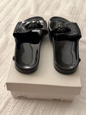 Versace Black Patent Medusa Slide Sandals